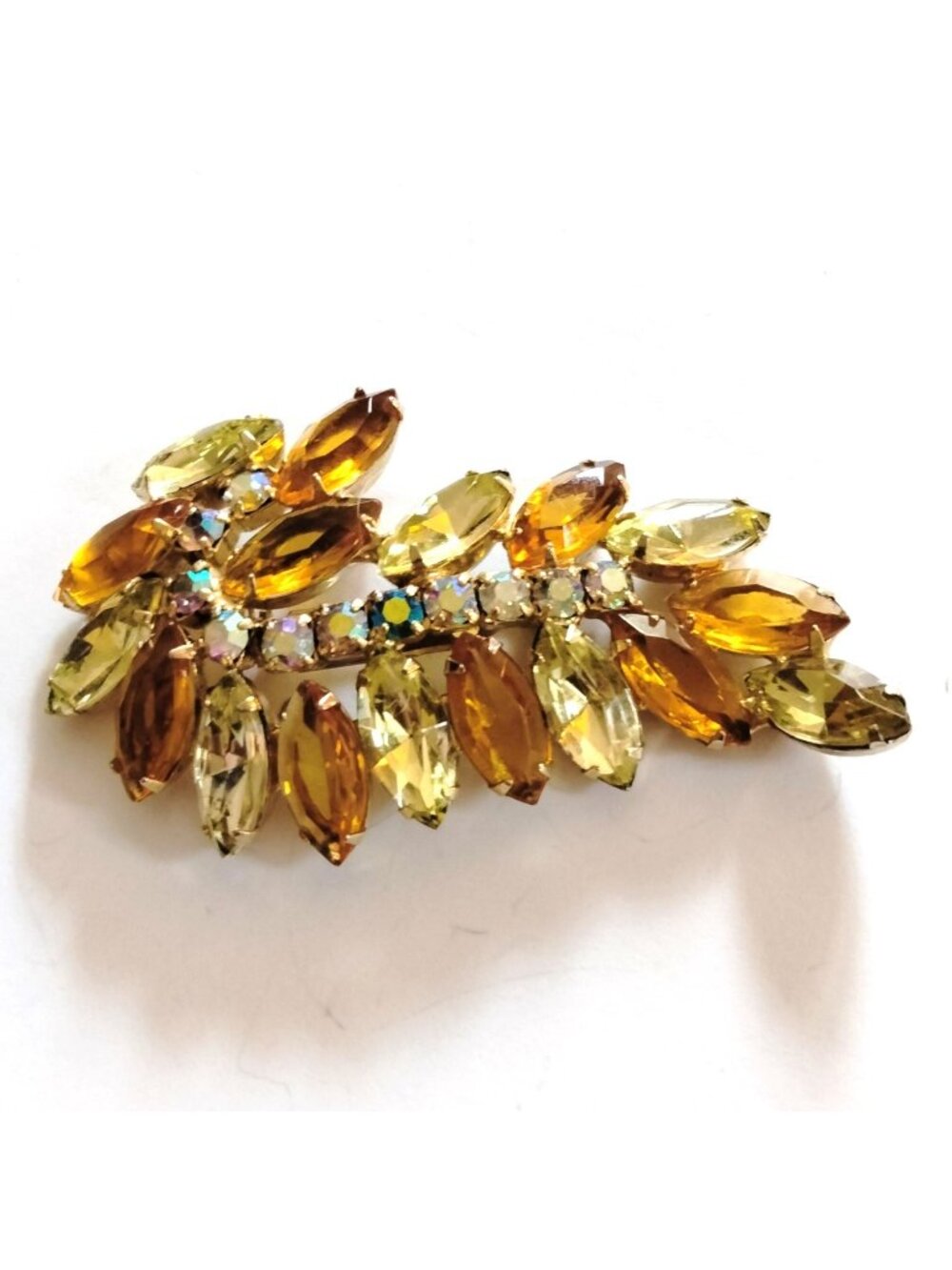 Gold Leaf Rhinestone Brooch Amber Crystals Vintage Fruit Salad Elegant Statement